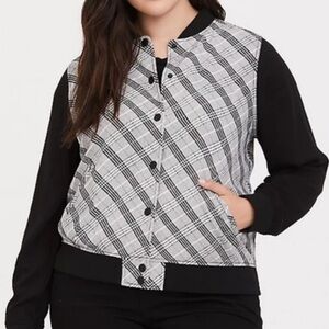 Torrid Gray Plaid Black Snap Button Front Long Sleeve Twill Bomber Jacket 4X